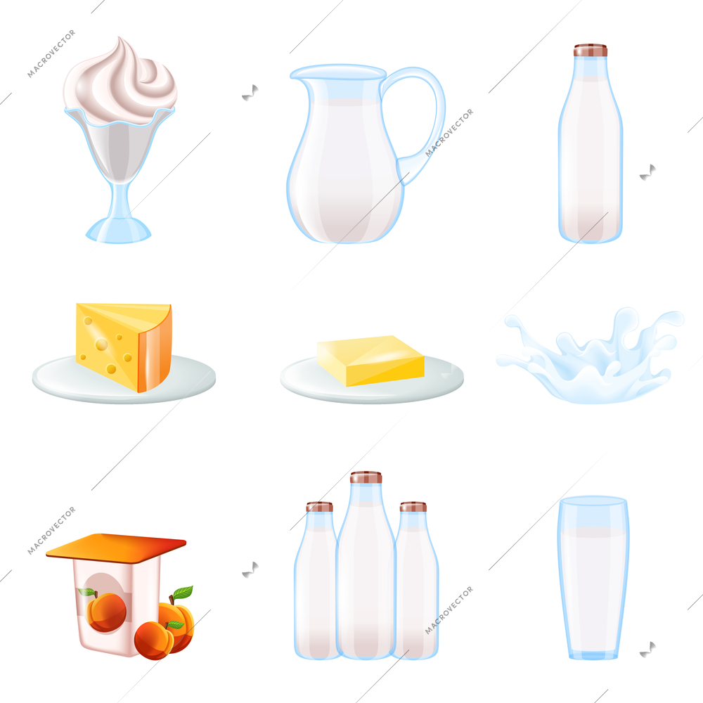 Milk realistic icons set with cream pitcher bottle cheese splash isolated vector illustration