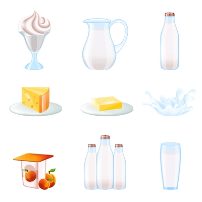 Milk realistic icons set with cream pitcher bottle cheese splash isolated vector illustration