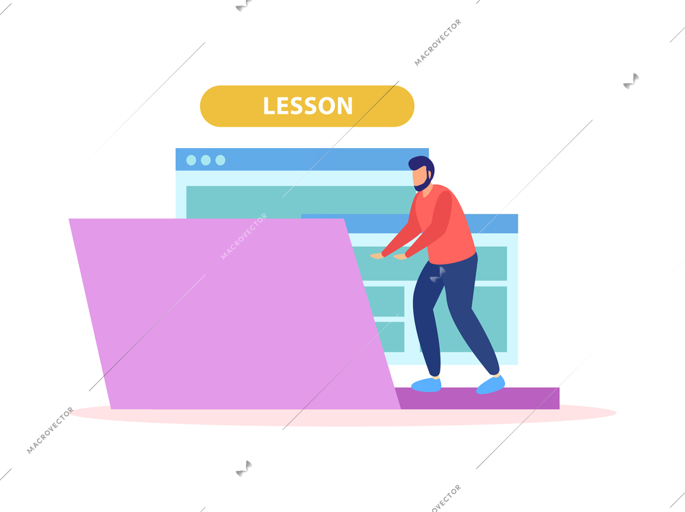 Online education composition of flat icons with human character of remote student with laptop vector illustration