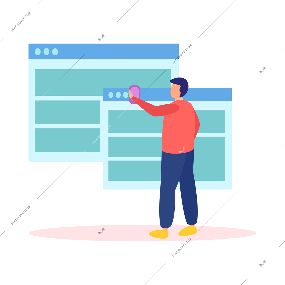 Online education composition of flat icons with human character of remote student touching computer windows vector illustration