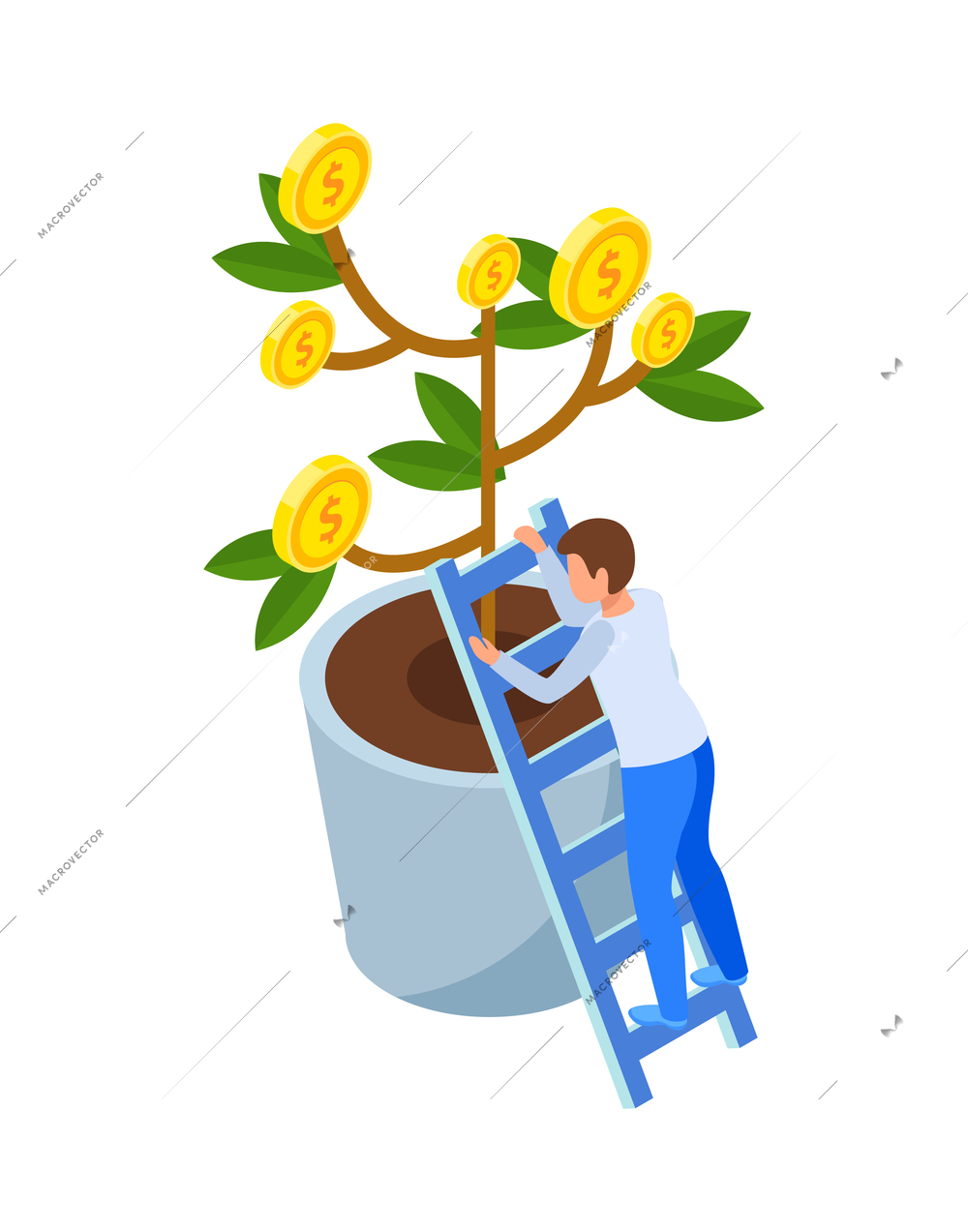 Investment isometric icons composition with human character of investor with ladder and money tree in pot vector illustration