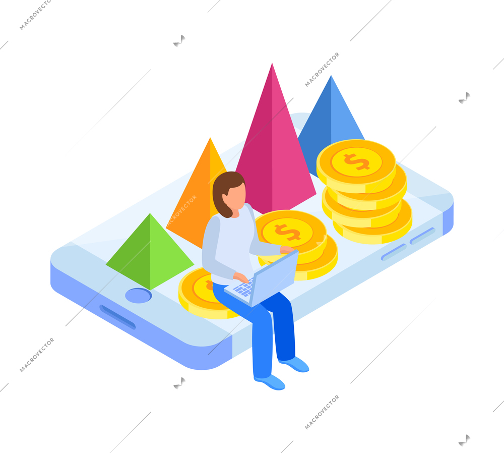 Investment isometric icons composition with human character of investor sitting on smartphone vector illustration