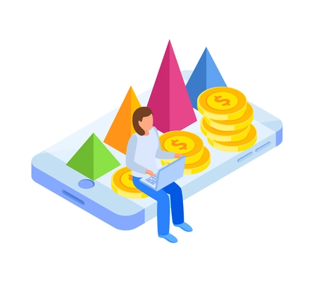 Investment isometric icons composition with human character of investor sitting on smartphone vector illustration