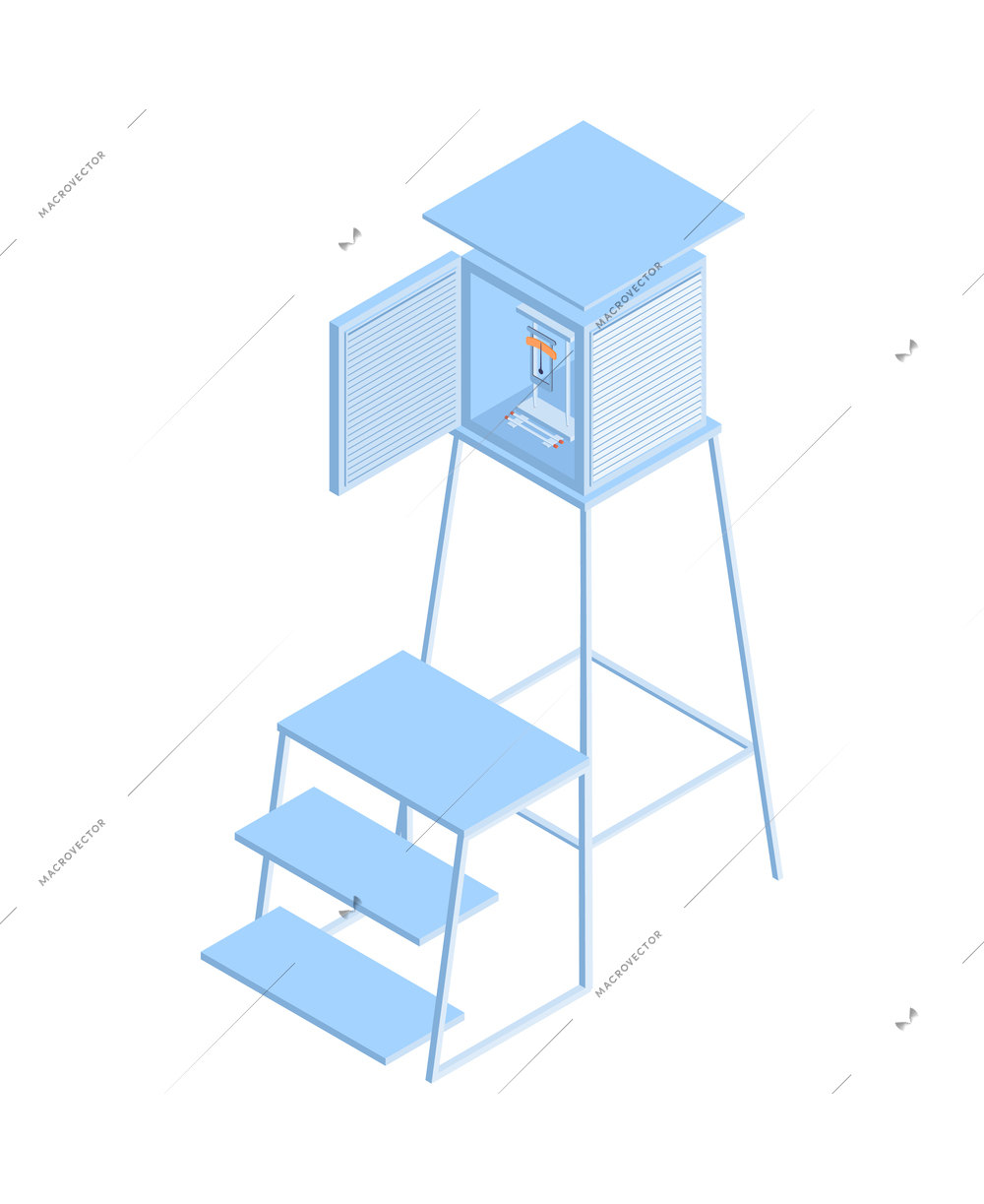 Isometric meteorological weather center forecasters composition with power box and ladder vector illustration