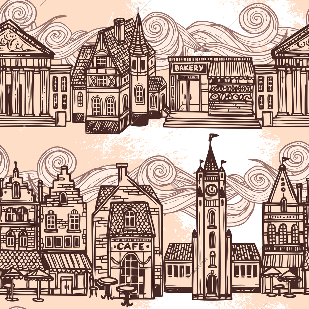 Sketch city decorative black and white seamless border with government buildings cafe bakery vector illustration