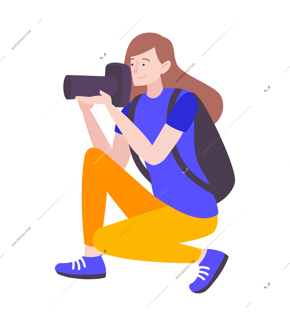 Marathon running sport composition with isolated human character of girl with photo camera vector illustration