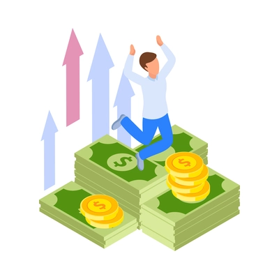 Investment isometric icons composition with human character of investor with cash and arrows vector illustration