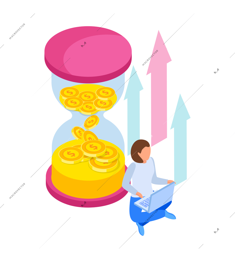 Investment isometric icons composition with human character of investor with hour glass and arrows vector illustration