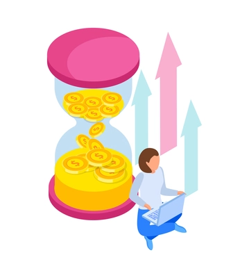 Investment isometric icons composition with human character of investor with hour glass and arrows vector illustration