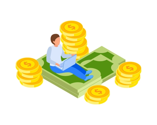 Investment isometric icons composition with human character of investor lying on cash vector illustration