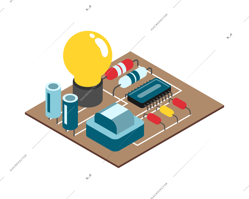 Isometric stem education composition with isolated image of circuit board with capacitors and lamp bulb vector illustration