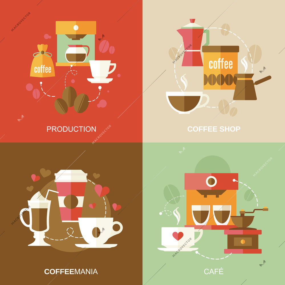 Coffee icons flat with production shop cafe vector illustration