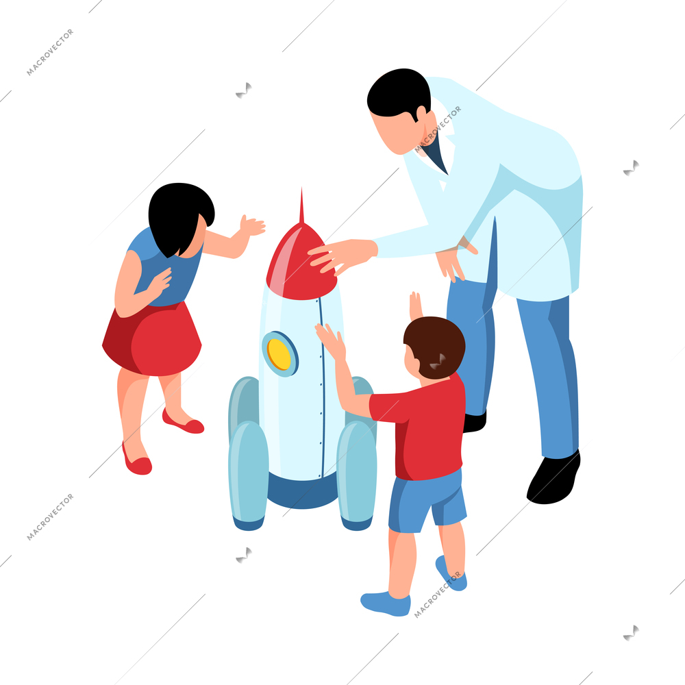 Isometric stem education composition with isolated characters of scientist teacher kids and rocket vector illustration