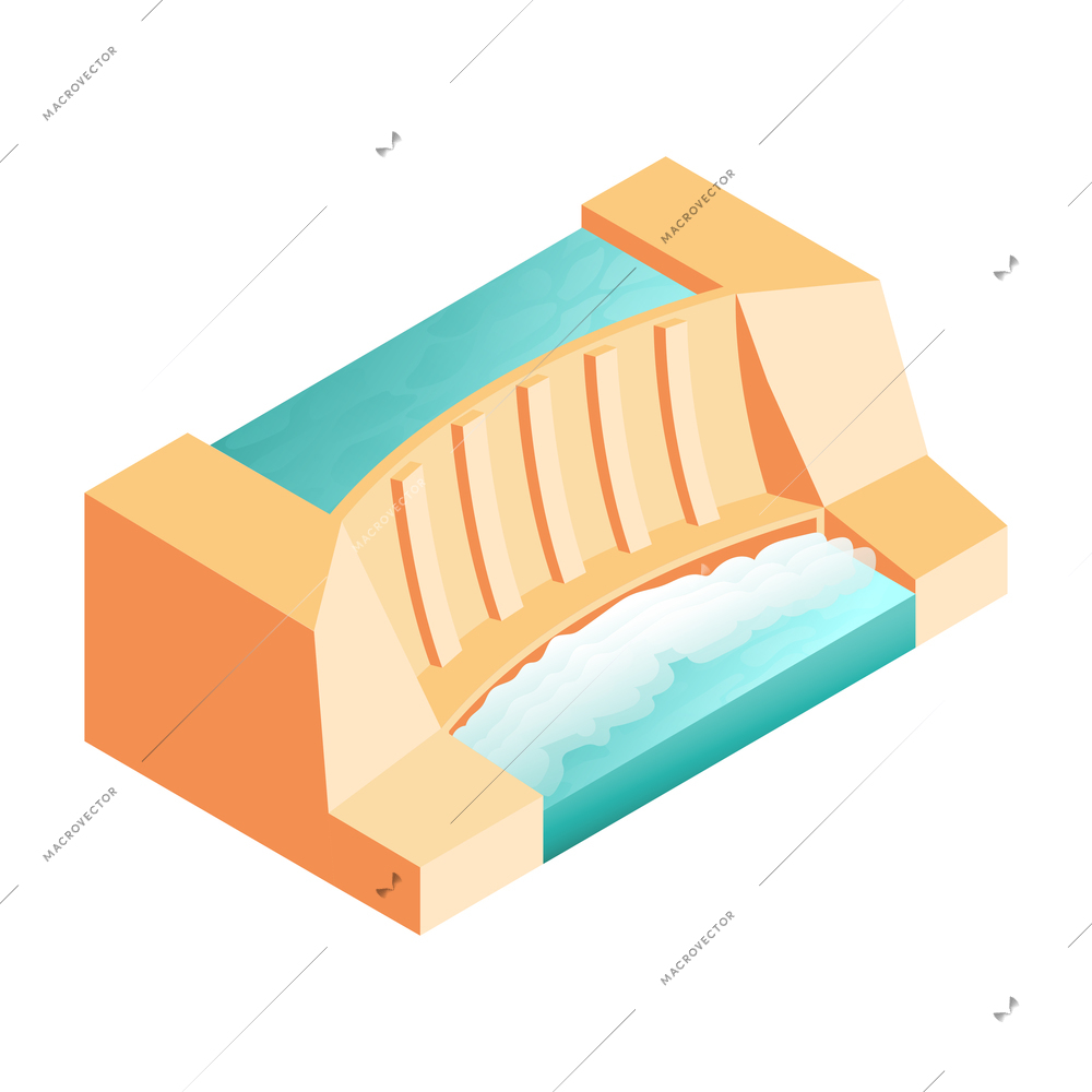 Isometric renewable wind power green energy sources composition with view of hydroelectric station vector illustration