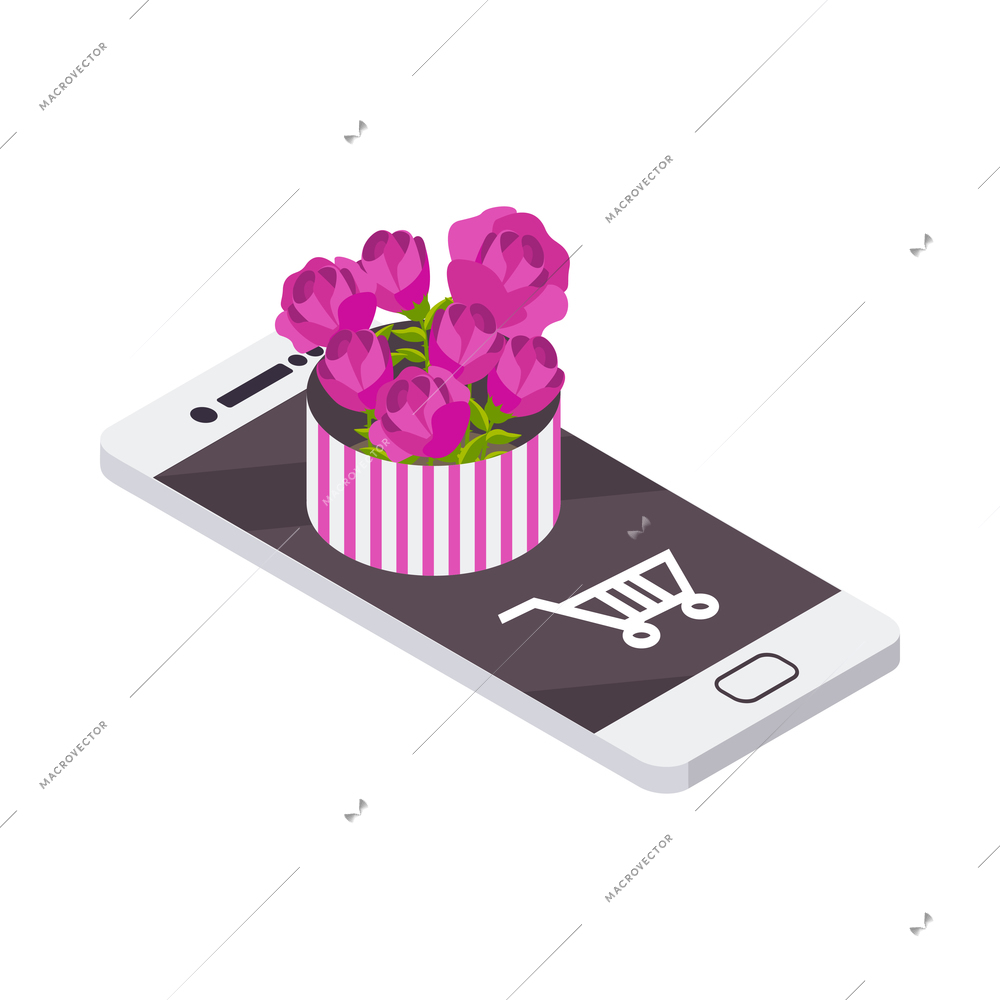 Flower shop florist icons isometric composition with isolated image of smartphone with gift box vector illustration