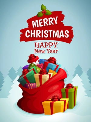 Merry christmas happy new year poster with bag of holiday gifts boxes on winter forest background vector illustration
