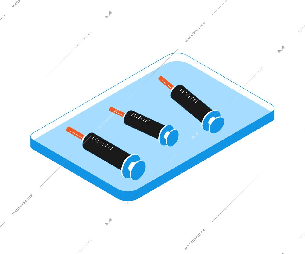 Operating room isometric composition with isolated image of glass box with syringes vector illustration