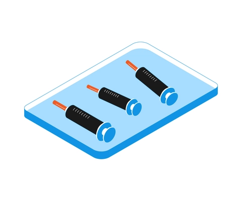 Operating room isometric composition with isolated image of glass box with syringes vector illustration