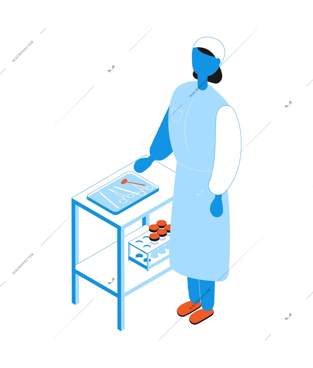 Operating room isometric composition with view of wheeled table with instruments and female doctor vector illustration