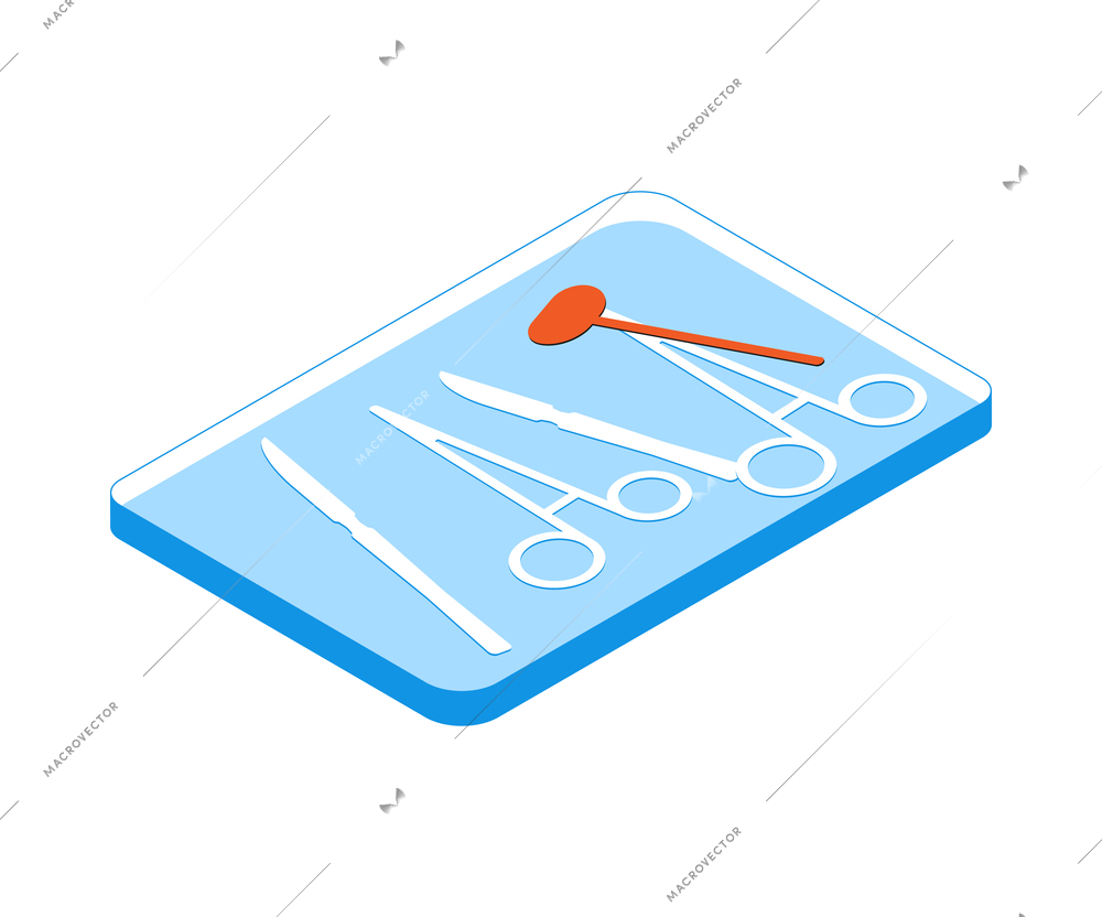 Operating room isometric composition with isolated image of plate with scalpels and scissors vector illustration
