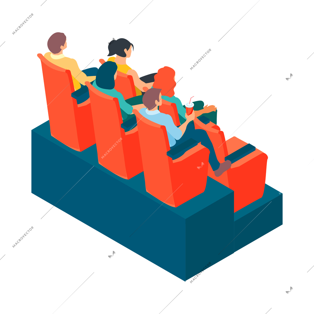 Isometric cinema movie composition with isolated view of audience sitting in soft seats vector illustration