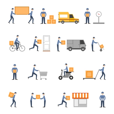 Delivery person freight logistic business service icons flat set isolated vector illustration