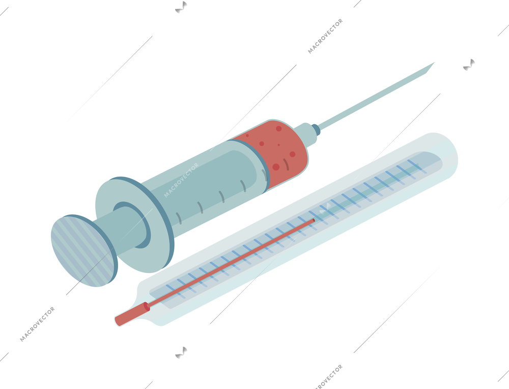 Ambulance isometric composition with isolated images of syringe and thermometer vector illustration