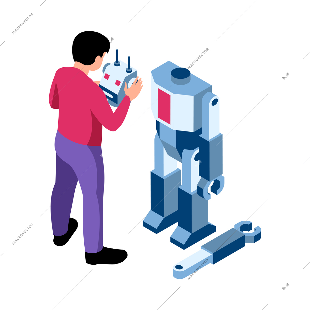 Isometric robotics kids education composition with character of teenage boy holding toy robots head vector illustration