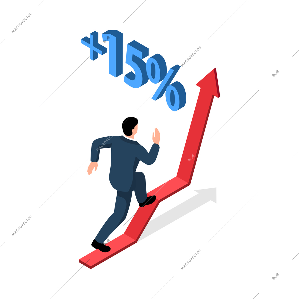 Isometric stock market exchange trading finance composition with character of man running up the arrow vector illustration