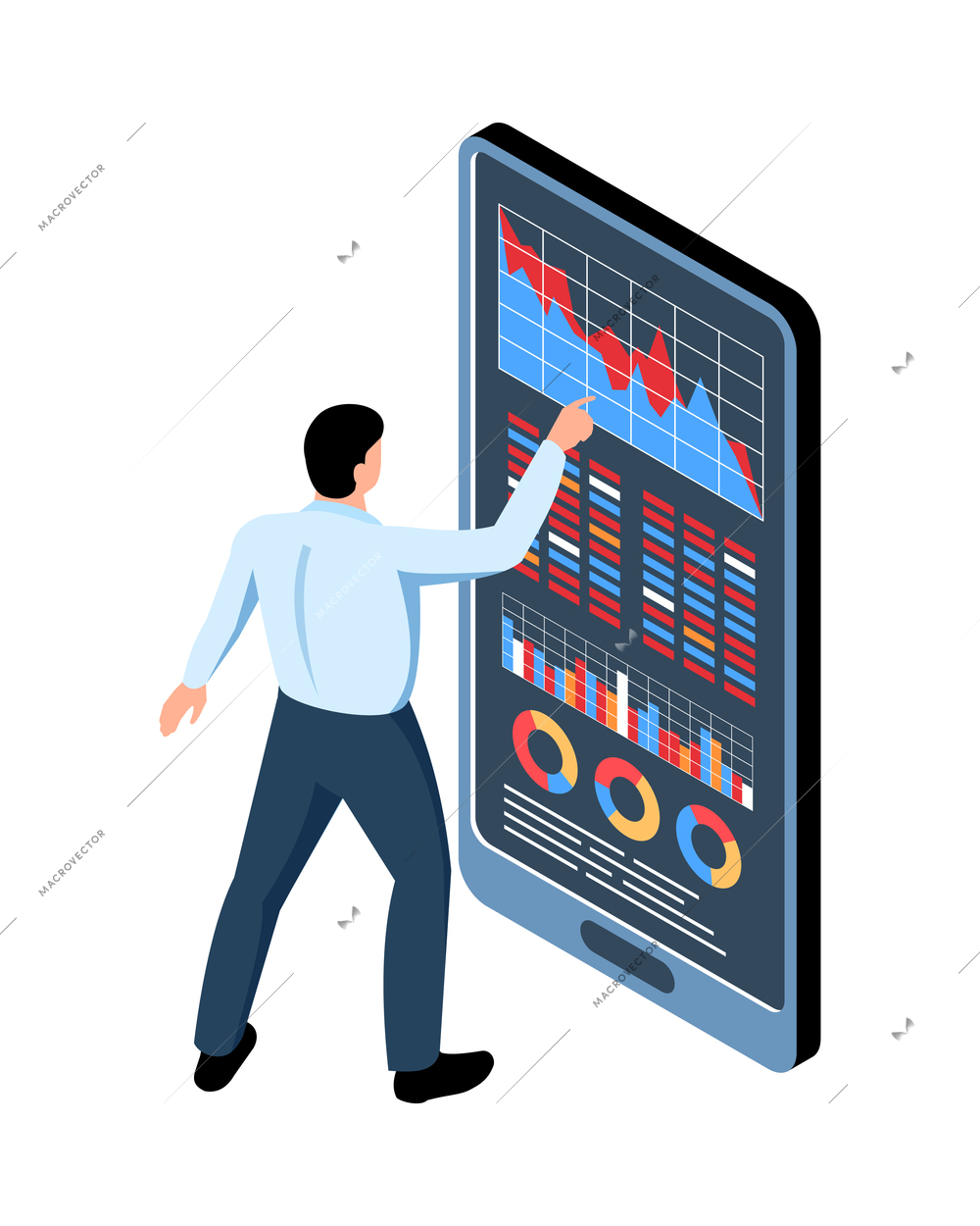 Isometric stock market exchange trading finance composition with character of man working with smartphone app vector illustration