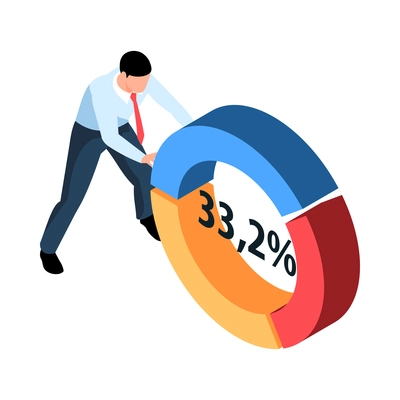 Isometric stock market exchange trading finance composition with character of man pulling radial chart vector illustration