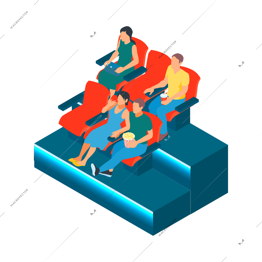 Isometric cinema movie composition with isolated image of cinema rows with seats and people vector illustration