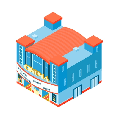 Isometric cinema movie composition with isolated image of cinema building with call boards vector illustration