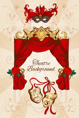 Theatre acting performance colored sketch decorative background with scene curtain and masks vector illustration