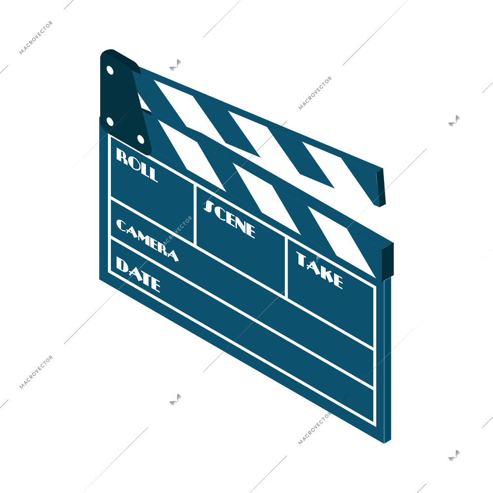 Isometric cinema movie composition with isolated image of clapper vector illustration