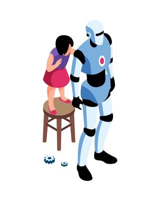 Isometric robotics kids education composition with character of teenage girl standing on stool repairing robot vector illustration