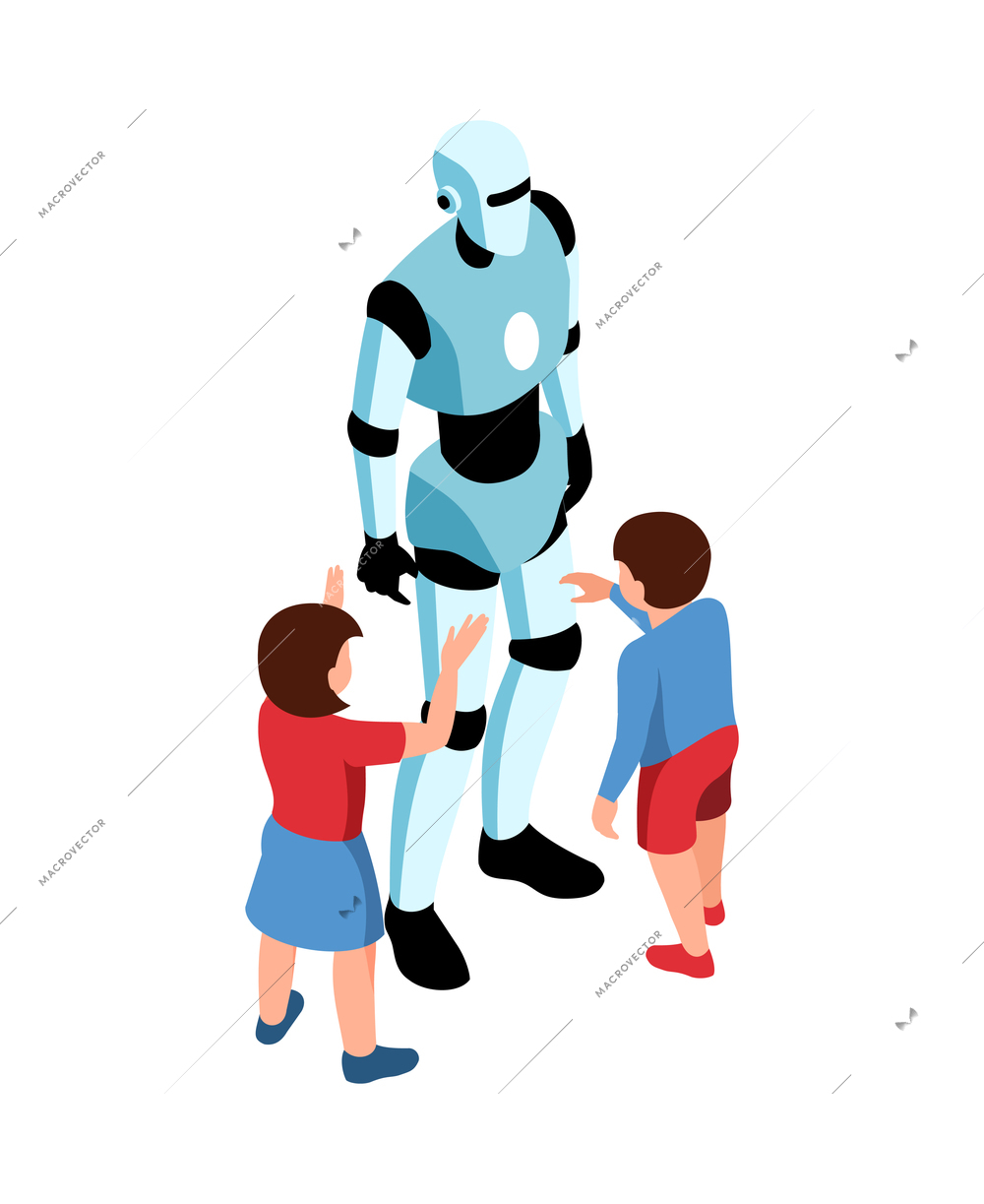Isometric stem education composition with isolated image of anthropomorphic robot with little girl and boy vector illustration