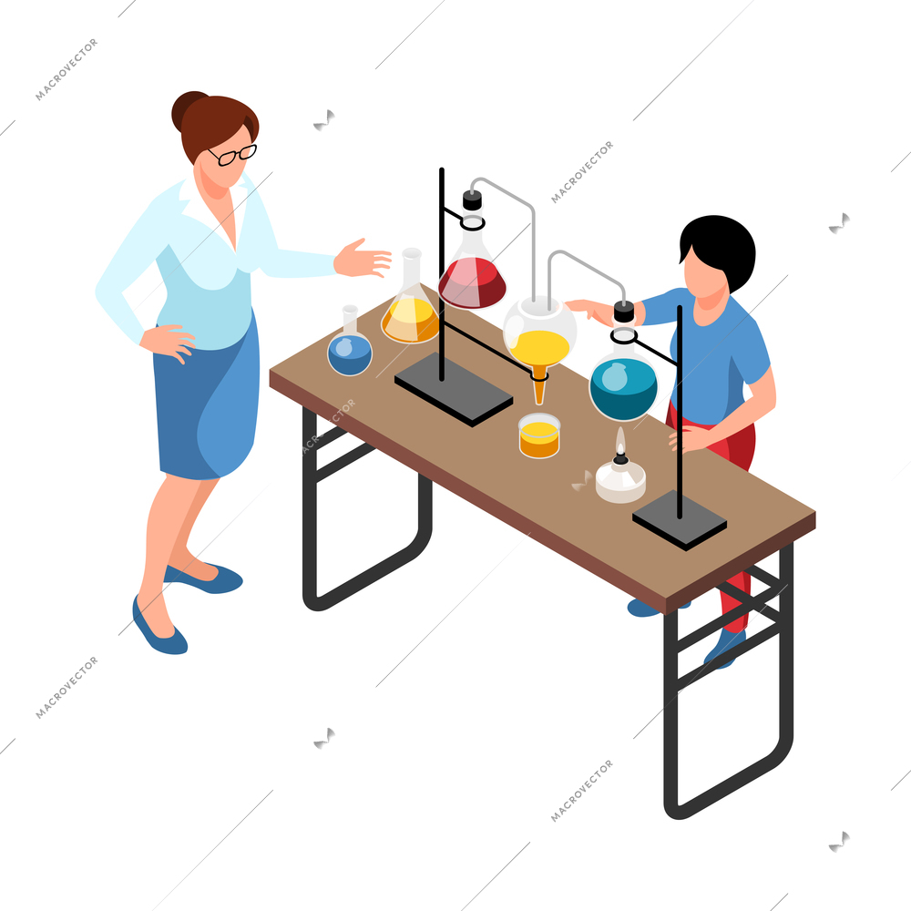 Isometric stem education composition with isolated image of teenage boy and female scientist with laboratory equipment vector illustration