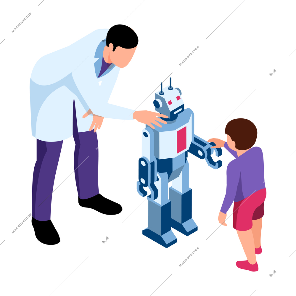Isometric robotics kids education composition with characters of teenage boy and scientist teacher setting up toy robot vector illustration