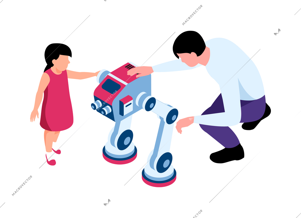 Isometric robotics kids education composition with characters of teenage girl and scientist teacher setting up toy robot vector illustration