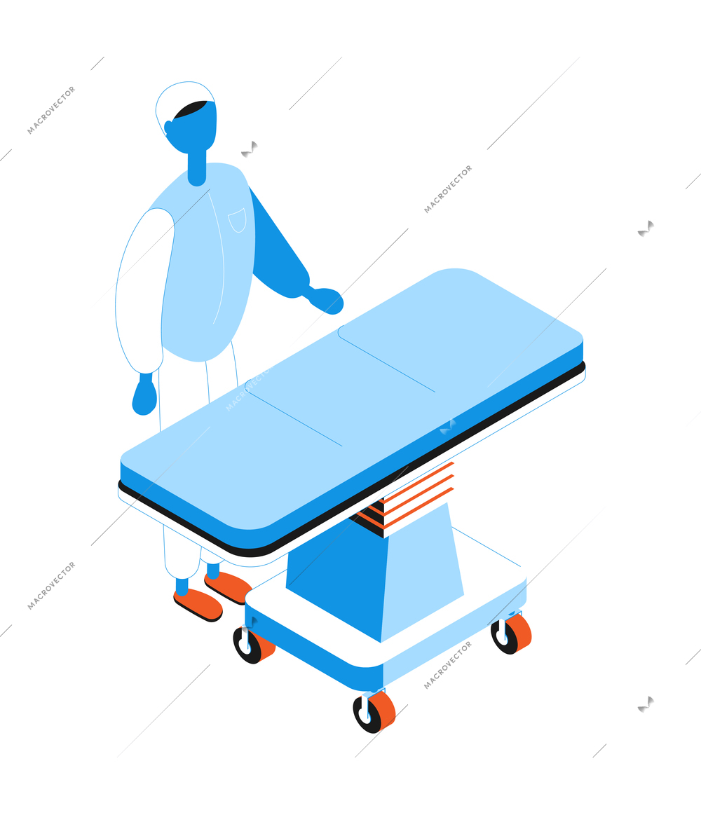 Operating room isometric composition with isolated image of cart bed and human silhouette vector illustration