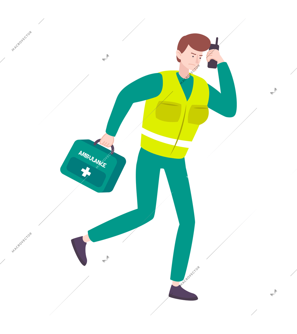 Marathon running sport composition with isolated human character of doctor running with first aid box vector illustration
