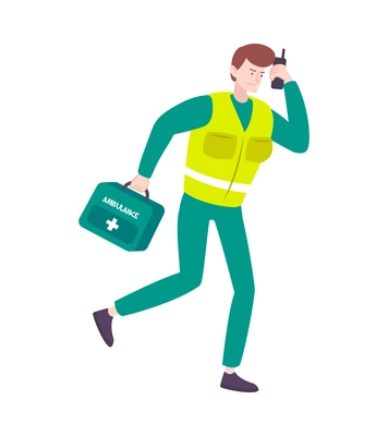 Marathon running sport composition with isolated human character of doctor running with first aid box vector illustration