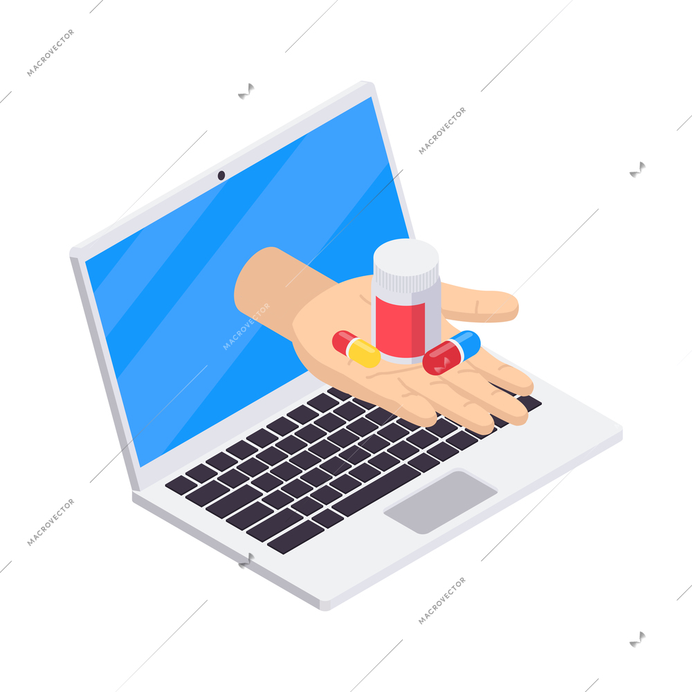 Pharmacy isometric icons composition with isolated image of laptop and human hand giving medicine vector illustration