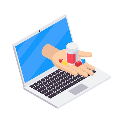 Pharmacy isometric icons composition with isolated image of laptop and human hand giving medicine vector illustration