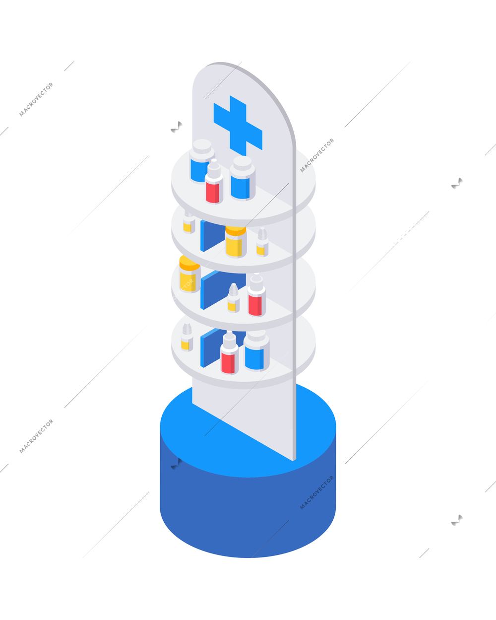 Pharmacy isometric icons composition with isolated image of vertical stand with medical products vector illustration