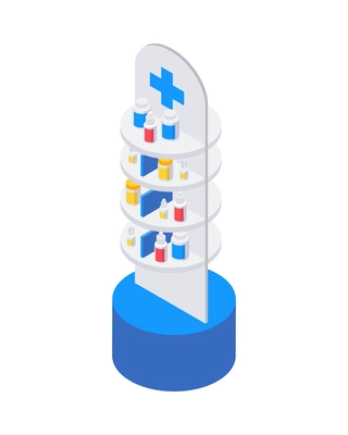 Pharmacy isometric icons composition with isolated image of vertical stand with medical products vector illustration