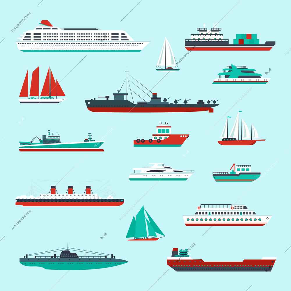 Ships and boats cargo cruise and container marine transport decorative icons colored set isolated vector illustration