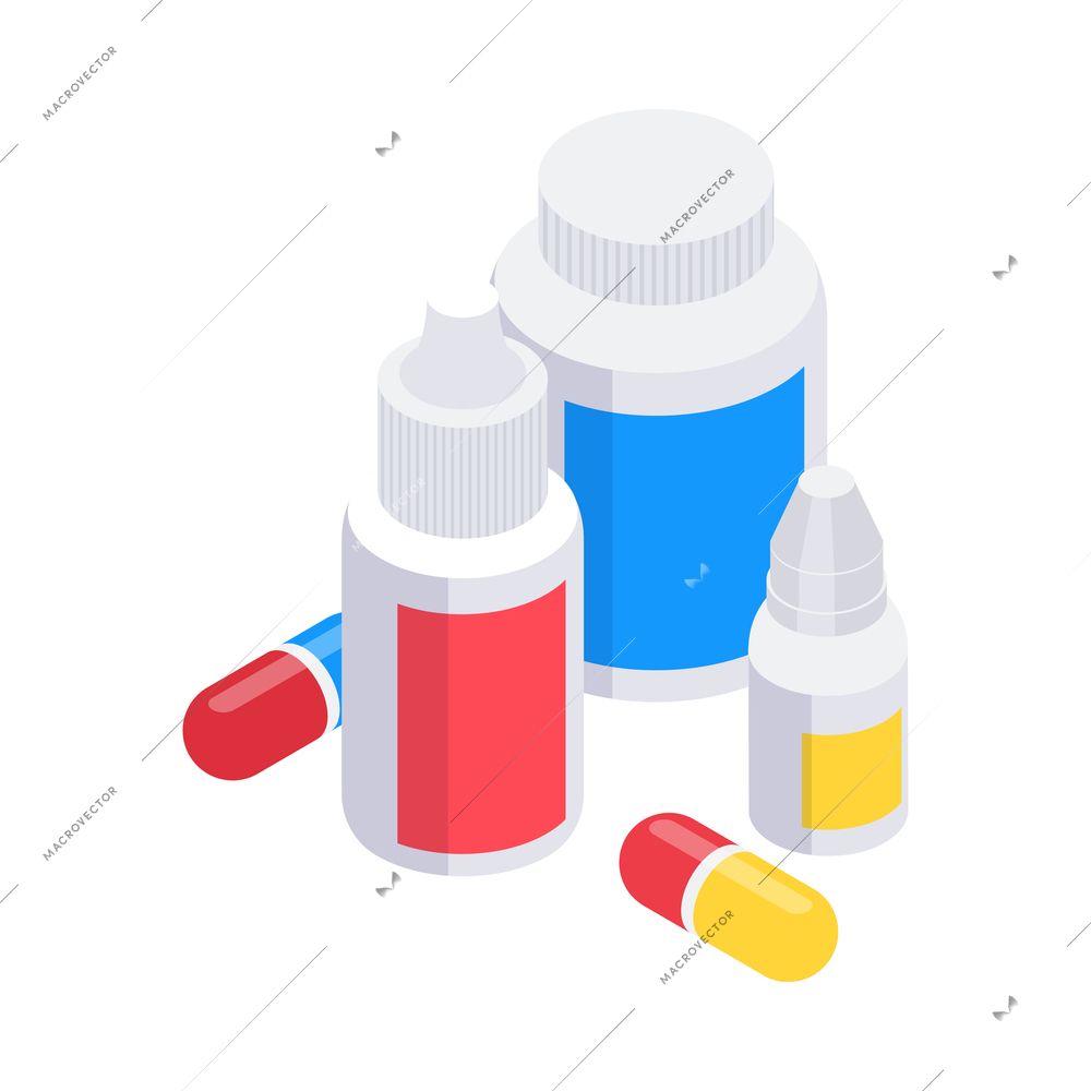 Pharmacy isometric icons composition with isolated images of pills and vials vector illustration