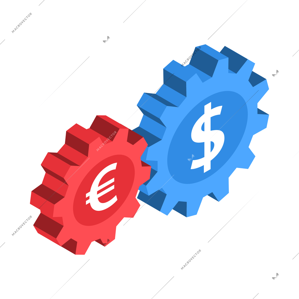 Isometric stock market exchange trading finance composition with colorful gears with currency signs vector illustration